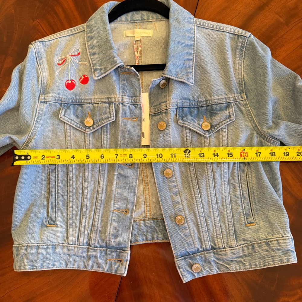 NWT LoveShackFancy Bardot Cherry Embroidered Denim Jacket Medium - Picture 14 of 14